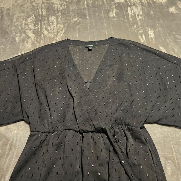 Express Black Sheer Chiffon Glitter Layered Wrap Wide Sleeve Belted Dress - Picture 5 of 8